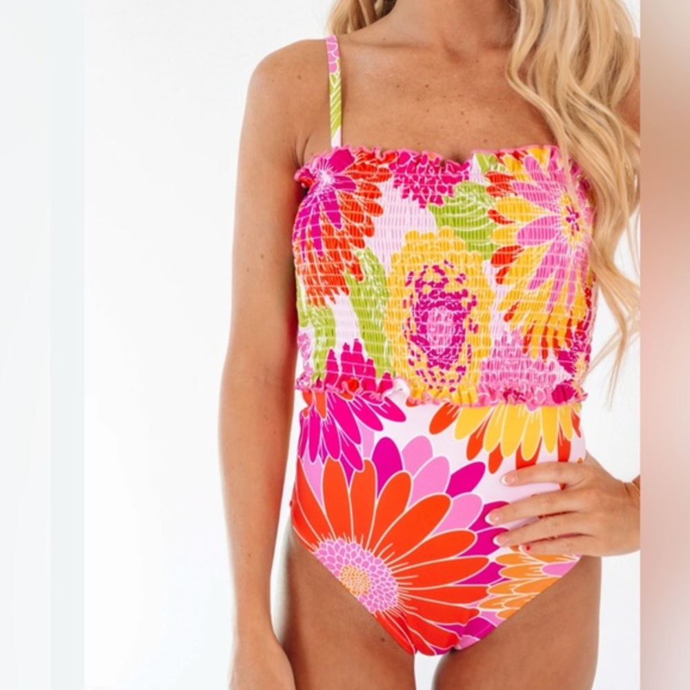 J.Marie Floral Print Smocked‎ Ruffle Waist One Piece Swimsuit
